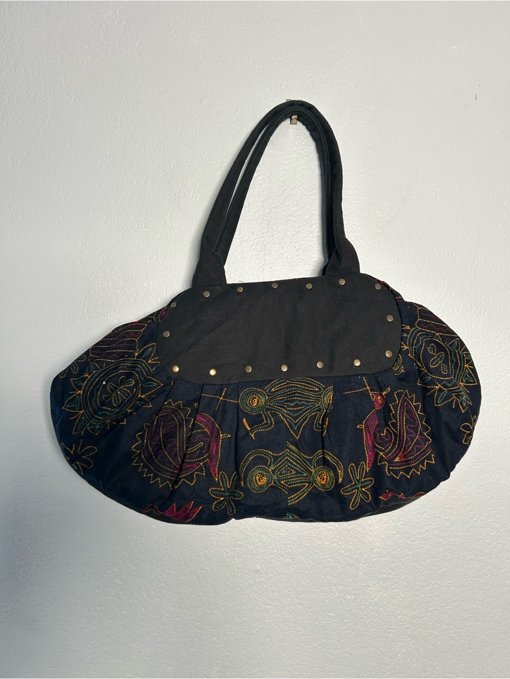 Black & Red Boho Embroidery print Floral Shoulder Bag with Studded Trim